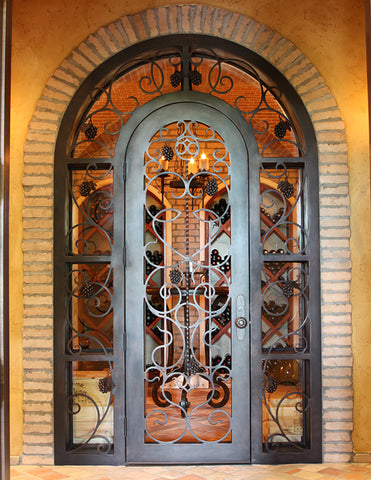 Wine Cellar Iron Single Door With Round Top and Scrollwork