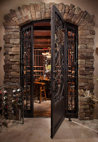 Wine Cellar Iron Single Door with Scrollwork and Two Sidelights