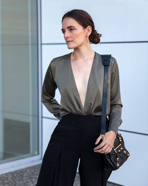 Inspiring Wit fashion blogger Jenelle in Hello Parry olive Dhiva silky wrap top