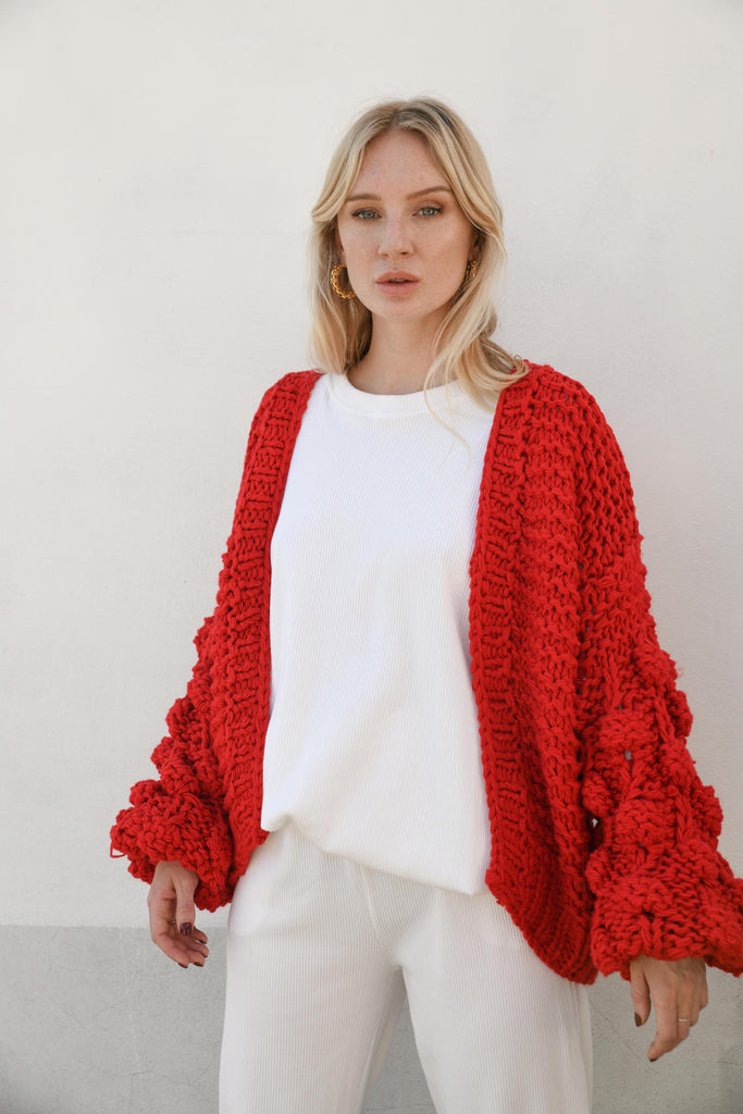 ELEANOR BUBBLE KNIT CARDIGAN RED HELLO PARRY