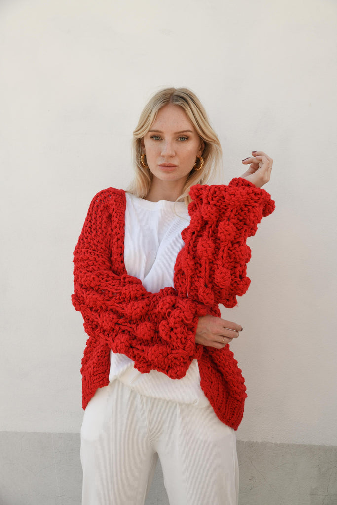 ELEANOR BUBBLE KNIT CARDIGAN RED HELLO PARRY