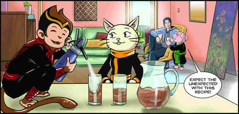 Monkey, cat, pig and a man drinking cold brew tea