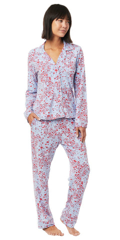 Grey Floral Lace Inset Solid Top Cotton Blend Knit Pajama Set