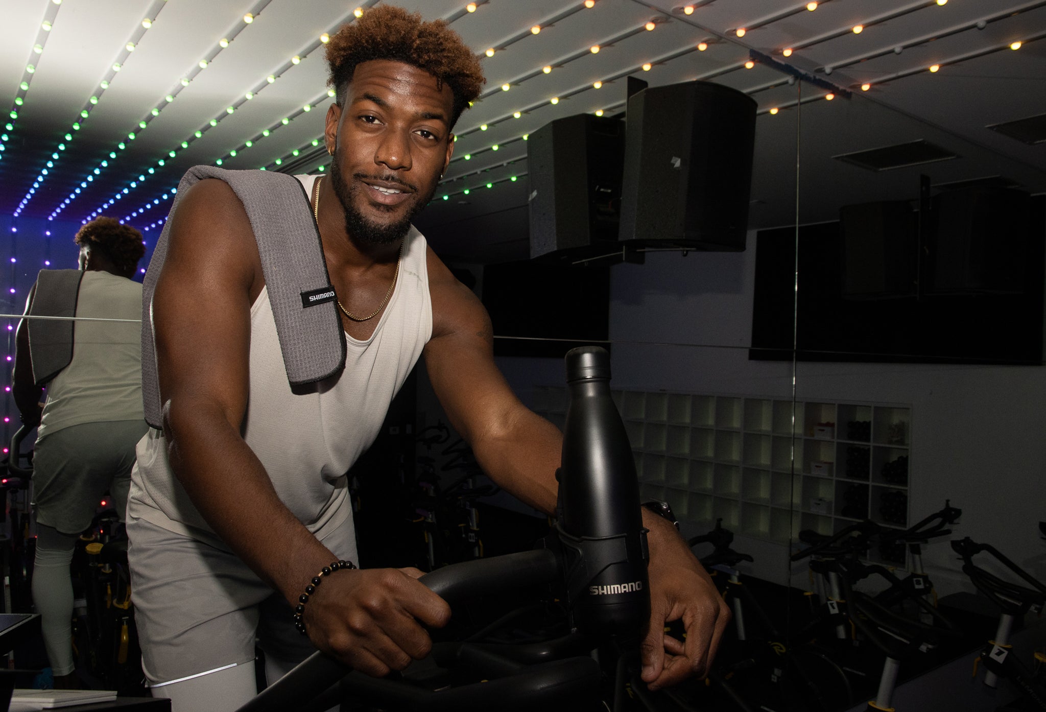 Demar Jackson Riding indoor cycling with Shimano workout Towel
