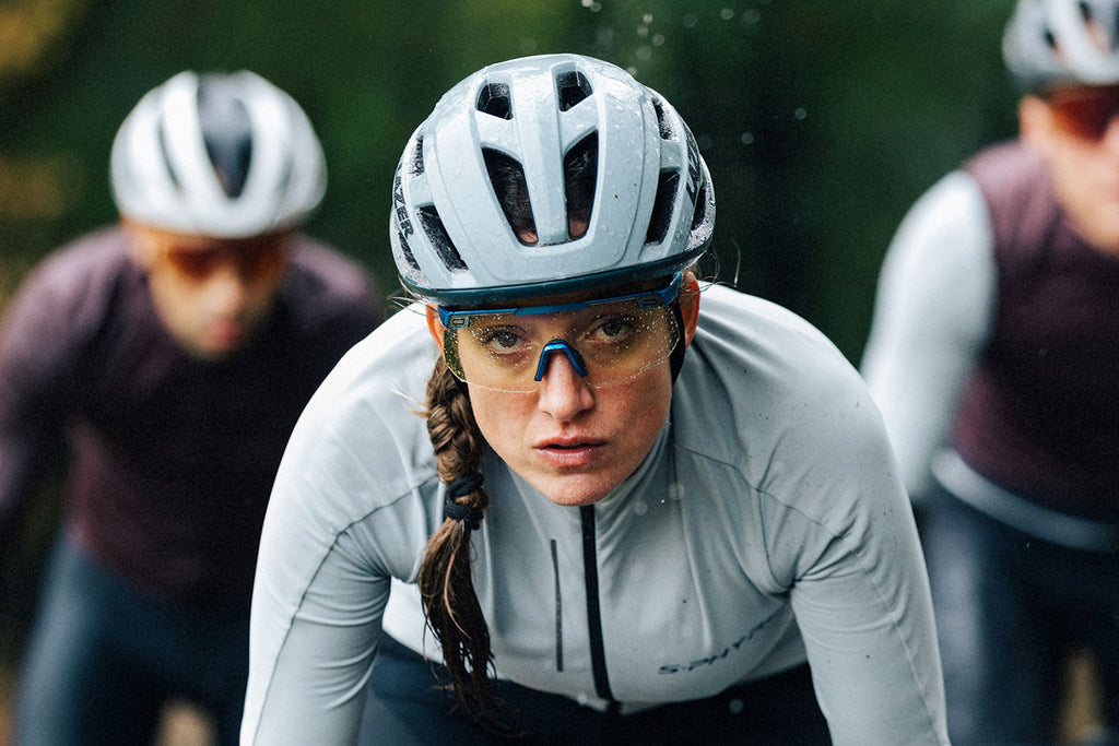 Women wearing shimano S-phyre ridescape sunglasses with clear lens in the rain