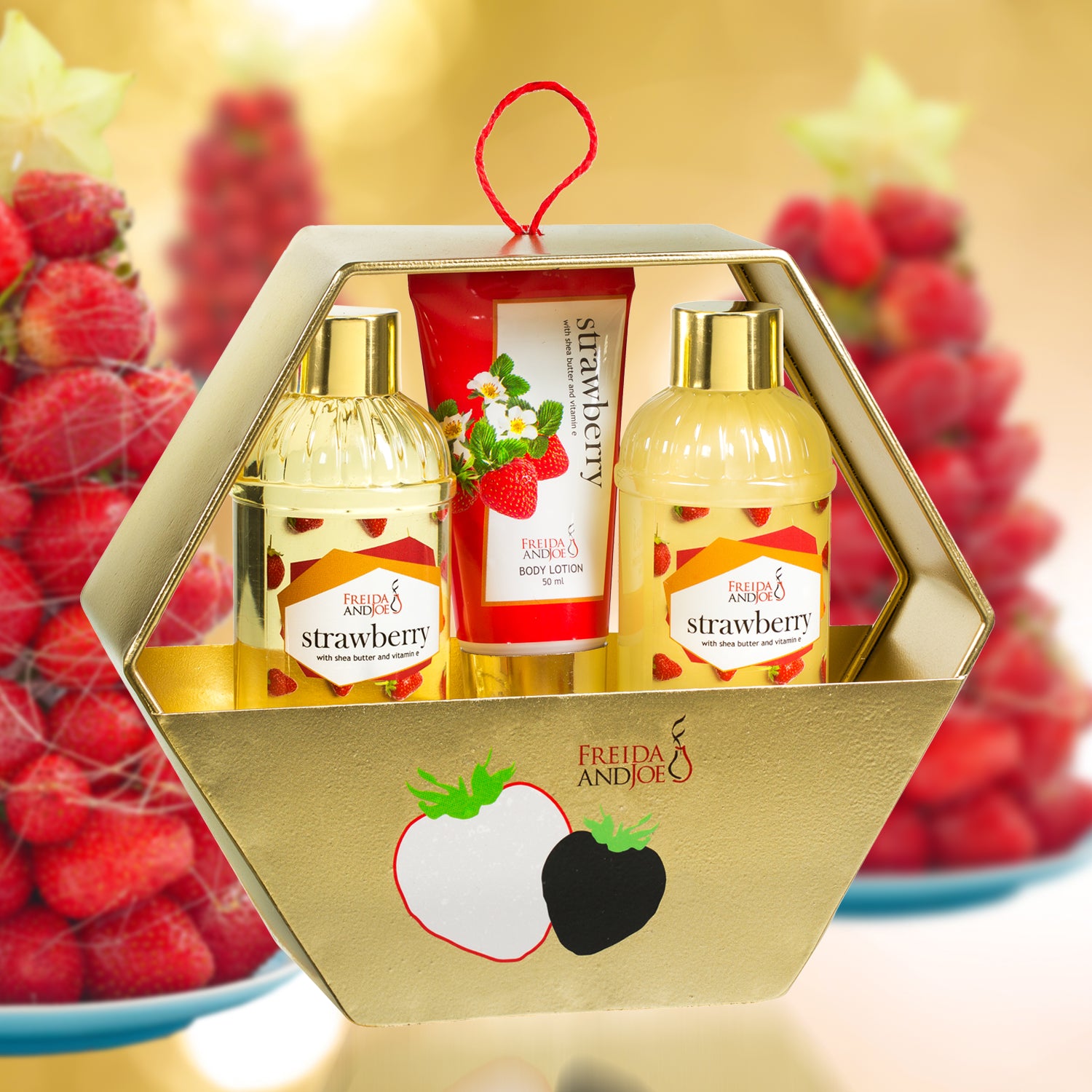 Strawberry Holiday Gift Set Gold Hexagon Box, Includes Shower Gel, Bub