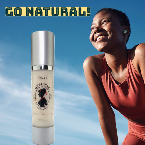 A dark skinned woman and a bottle of Gemma Crema with the phrase "Go Natural!"