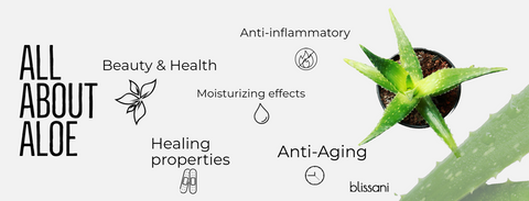 "all about aloe: beauty and health, anti-aging, moisturizing effects, healing properties." blissani logo