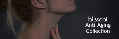 A woman touching the skin on her neck. "blissani anti-aging collection"