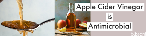 apple cider vinegar in a spoon next to a jar of apple cider vinegar "apple cider vinegar is antimicrobial"