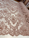 Helena DUSTY PINK Embroidered Damask Pattern with Faux Pearls and Beads on Mesh Lace Fabric by the Yard - 10139