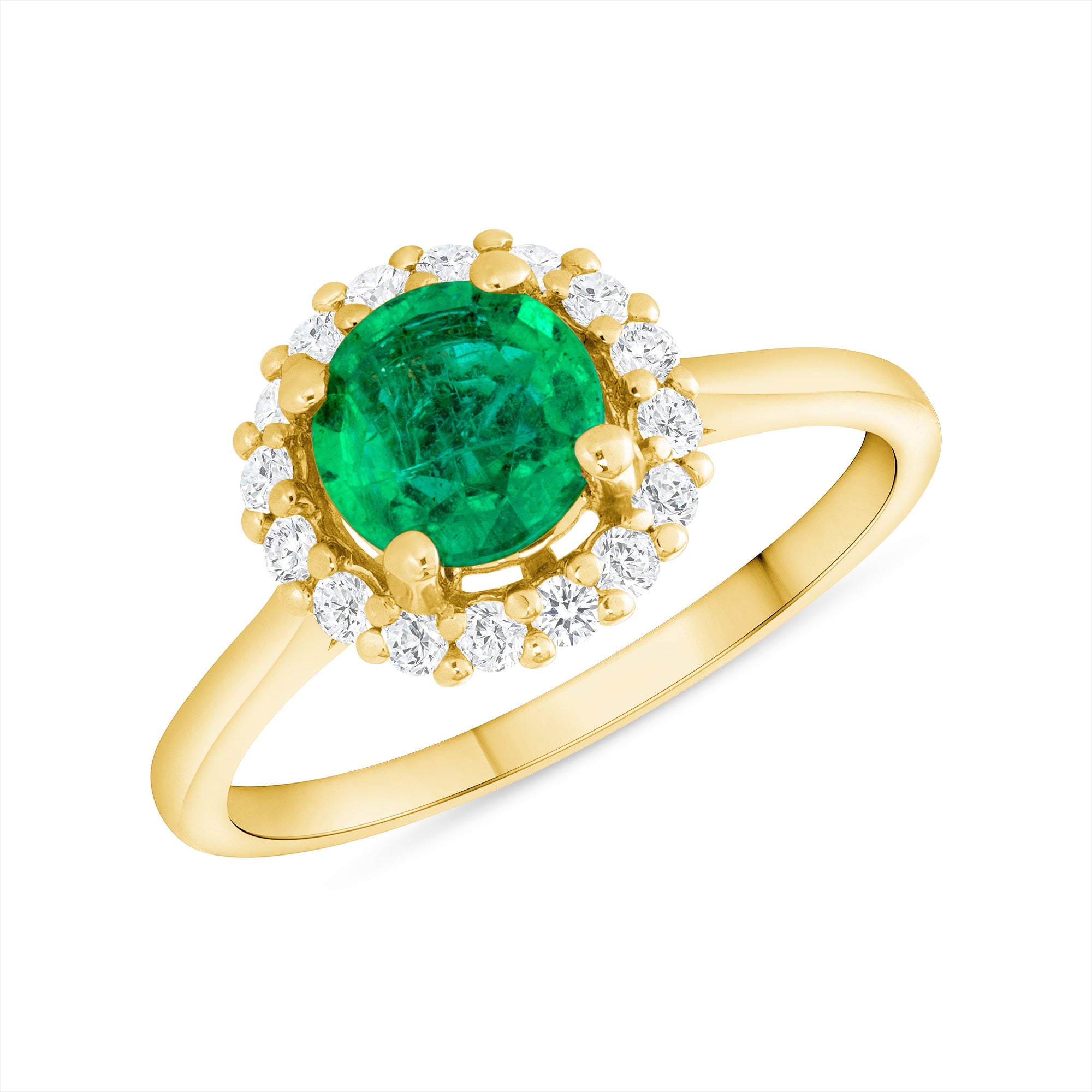 Halo Style Emerald Ring with Round Diamonds in 14k yellow Gold