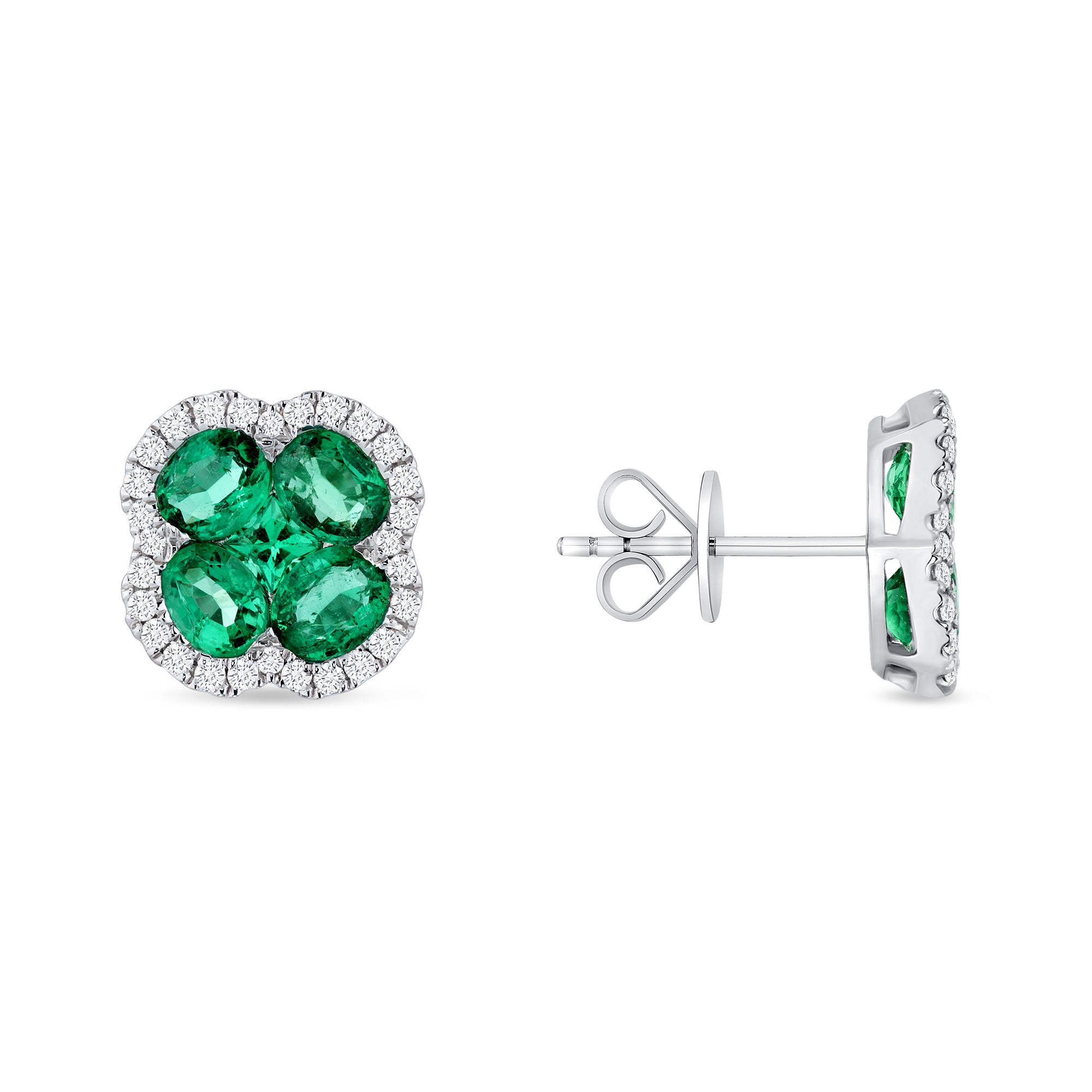 1.32tcw Round Colombian Emerald and Halo Diamond Flower Stud Earrings 14k White Gold