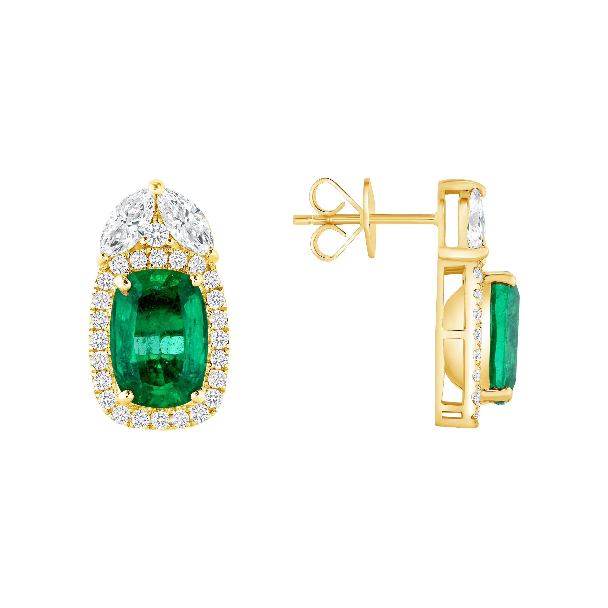 4.18 ct Emerald-Cut Emerald on a Halo Design with 1.44 ct Round & Marquise cut Diamond in 14k Yellow Gold Stud Earrings