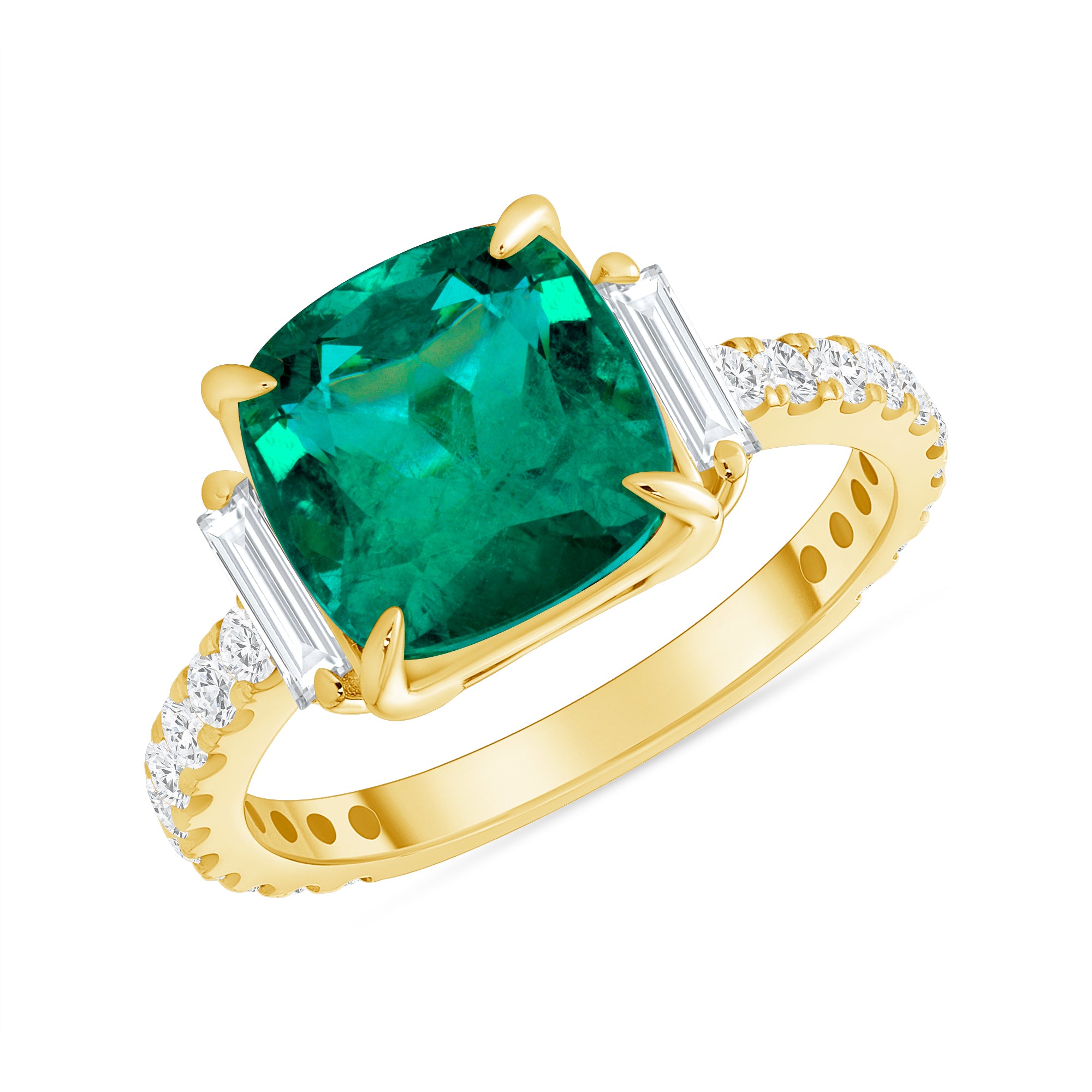 3.27 Ct. Cushion-Cut Colombian Emerald Solitaire Ring with 0.73 Ct. Diamond Accents 14k Yellow Gold