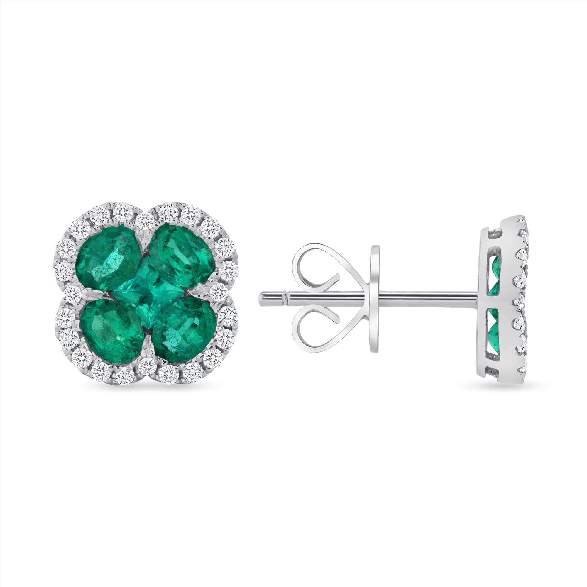 2.97tcw Round Colombian Emerald and Halo Diamond Flower Stud Earrings 18k White Gold
