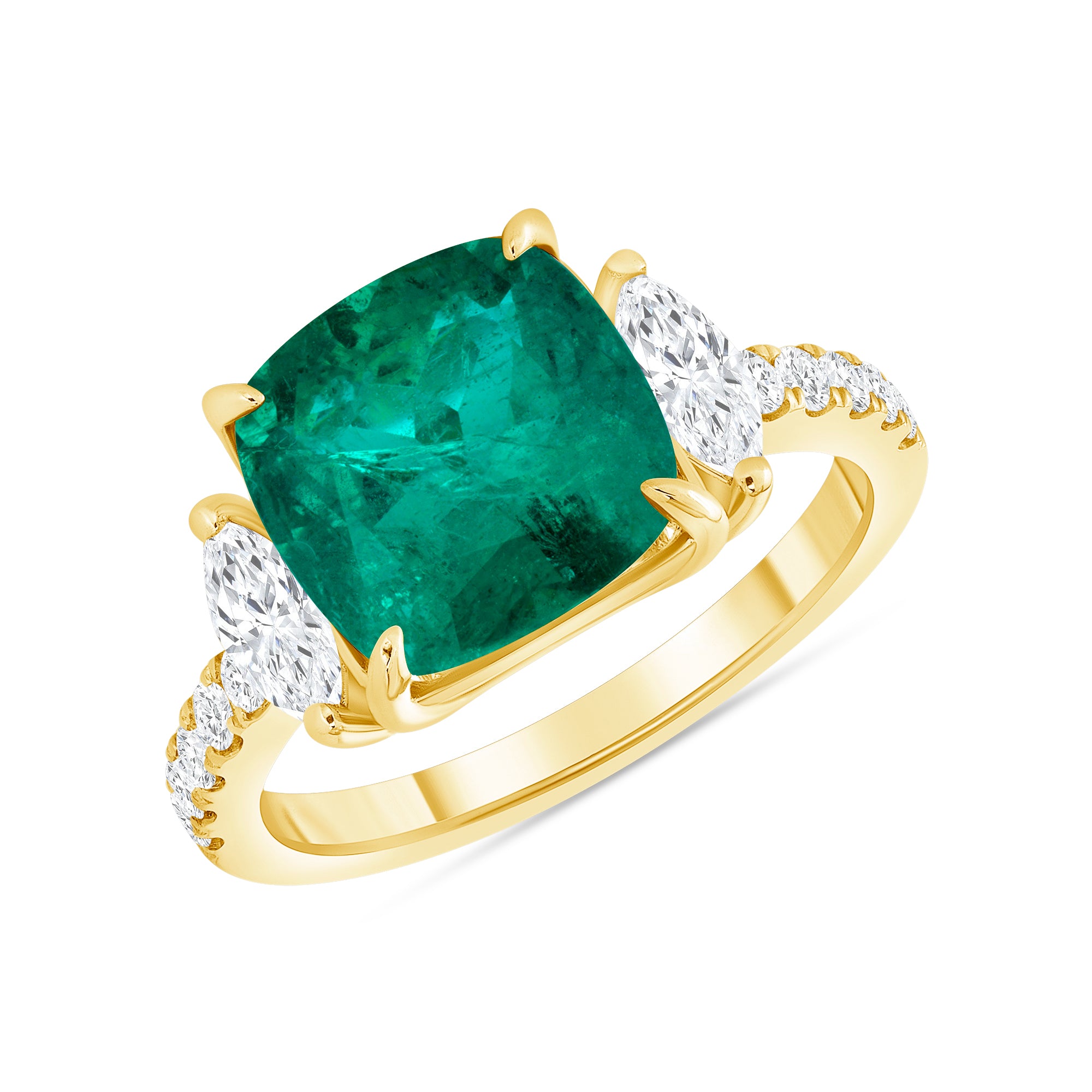 3.69 Ct. Cushion-Cut Colombian Emerald Solitaire Ring with 0.65 Ct. Diamond Accents 14k Yellow Gold