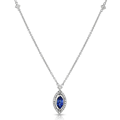 086 Ct Blue Sapphire Marquise And Diamonds Floating Halo Pendant Neckl