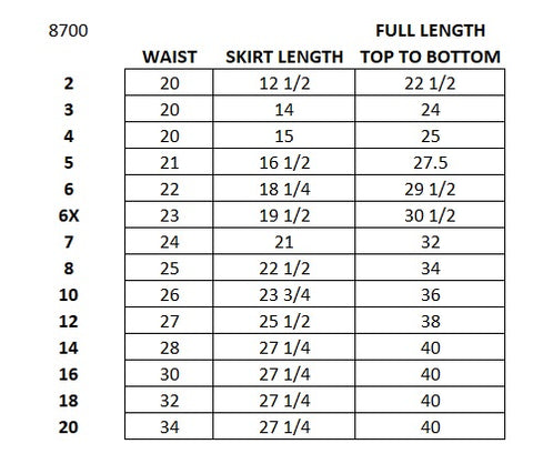 8700 SIZE CHART