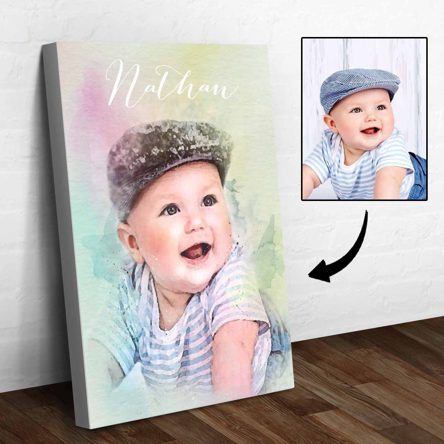 Image of Baby Watercolor Portrait Sign | Customizable Canvas