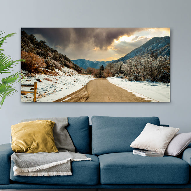 Road Through Snowy Mountain Canvas Wall Art - Image by Tailored Canvases