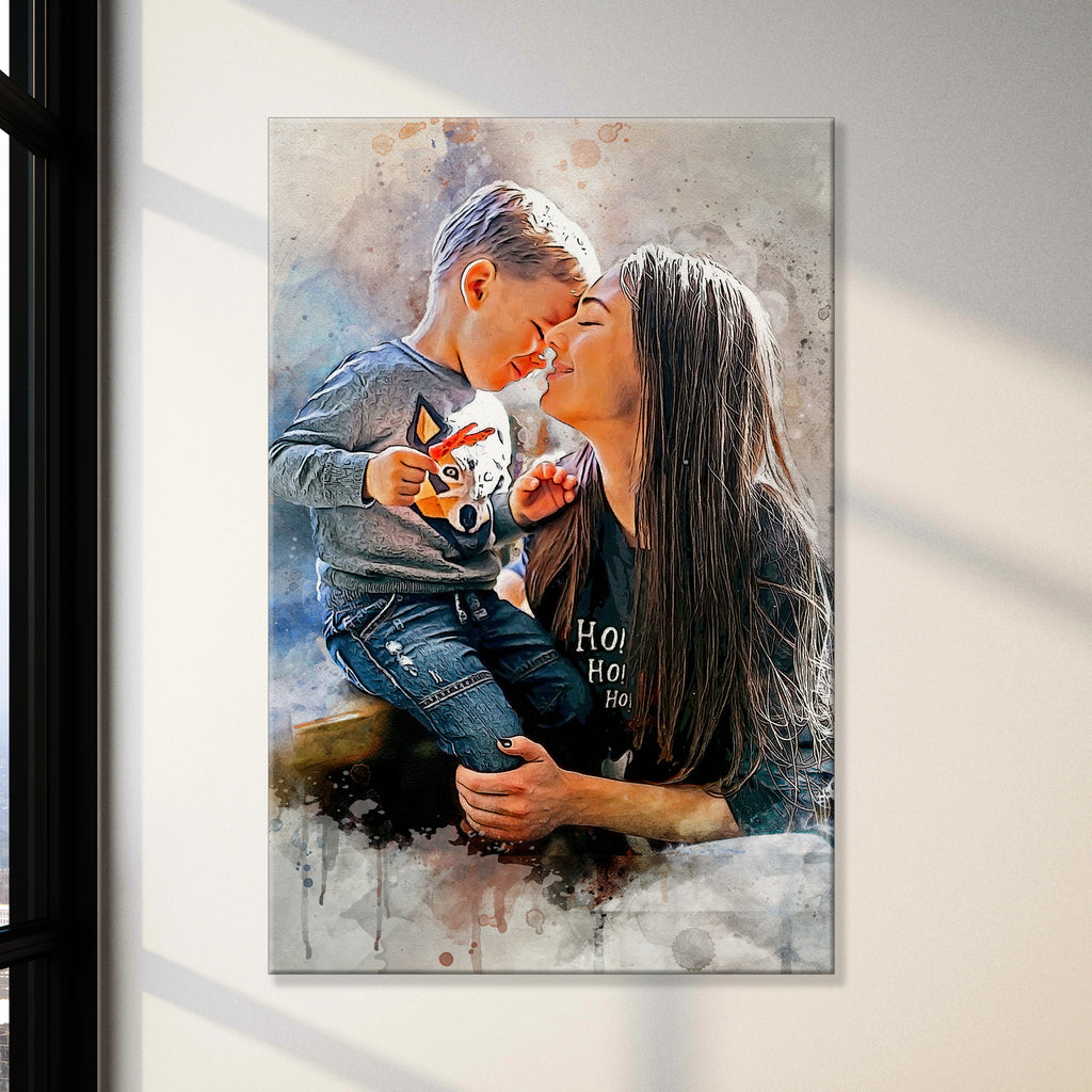 Custom Mother and Son Watercolor Portrait (READY TO HANG) - by Tailored Canvases