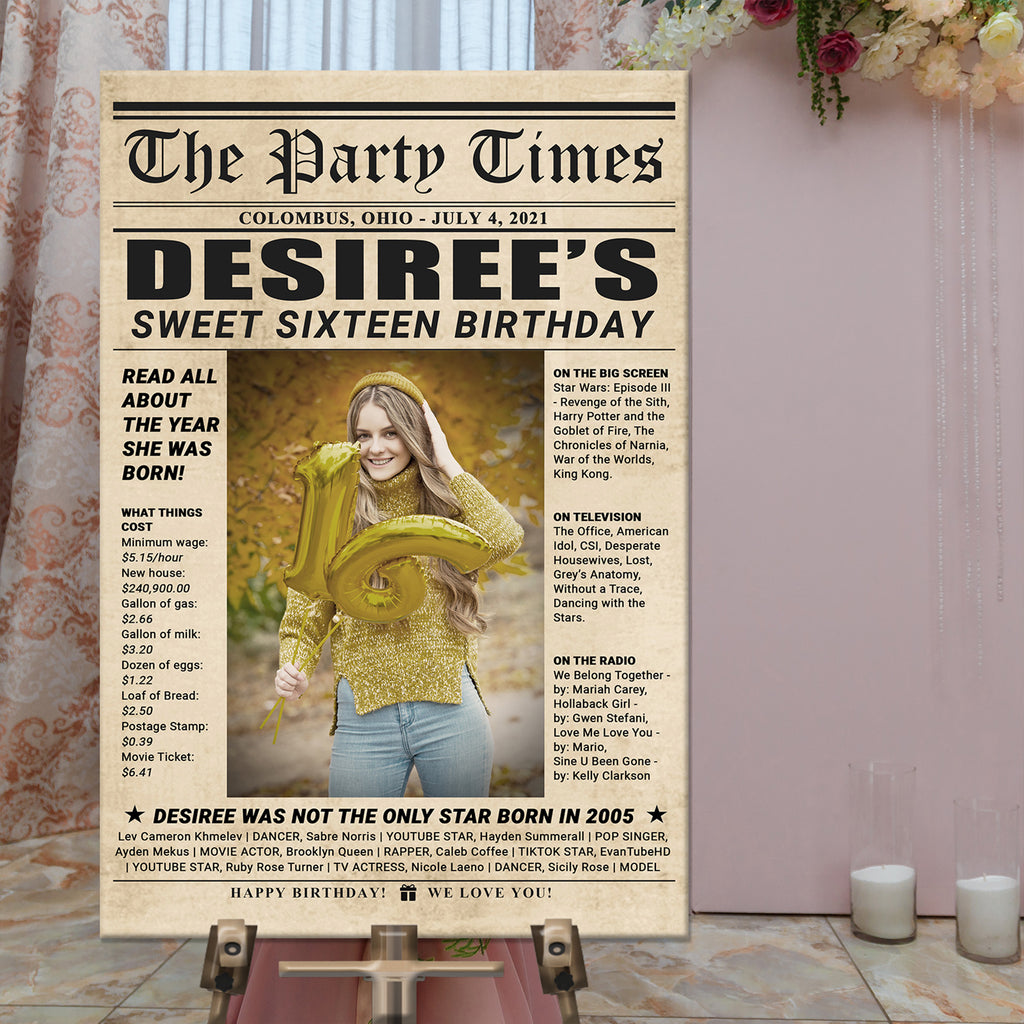 Custom 16th Birthday Newspaper Sign (READY TO HANG) - Wall Art Image by Tailored Canvases