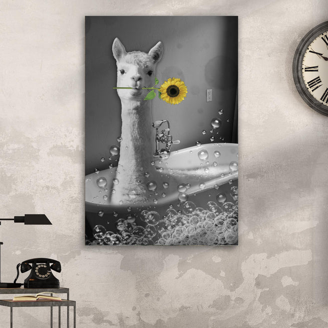 Funny Alpaca in Bath Tub Portrait Canvas Wall Art - Wall Art Image by Tailored Canvases