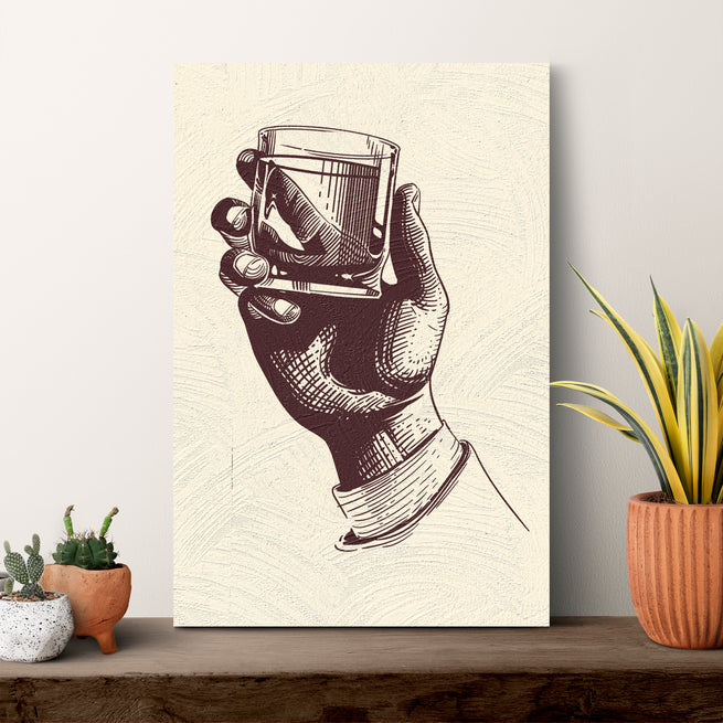 Drinks Whiskey In Hand Drawing Canvas Wall Art - Image by Tailored Canvases