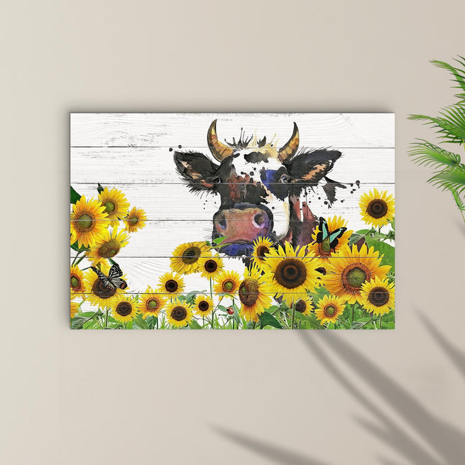 Cow on a Sunflower Field Watercolor Canvas Wall Art - Wall Art Image by Tailored Canvases