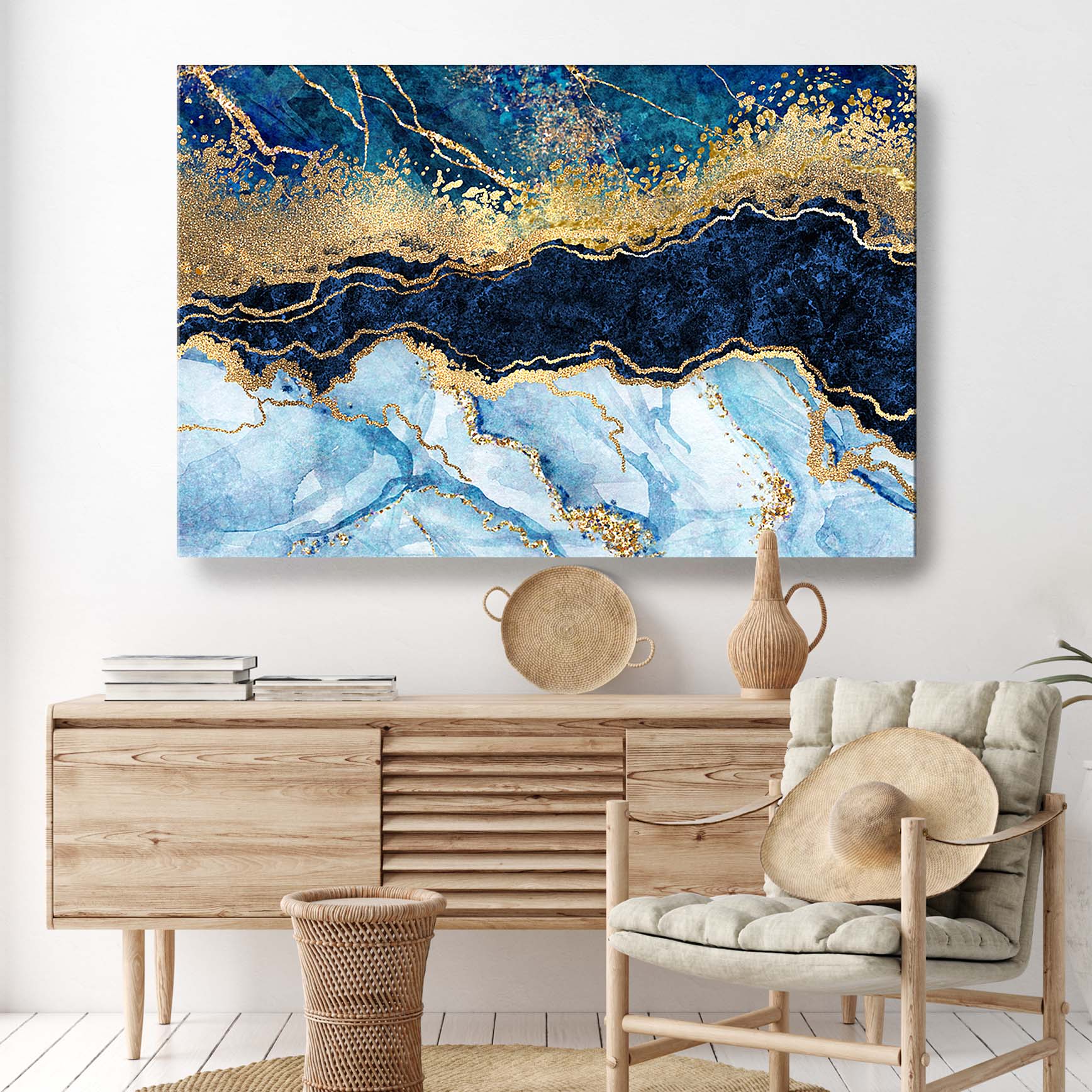 Image of Blue Gold Marble Abstract Canvas Wall Art