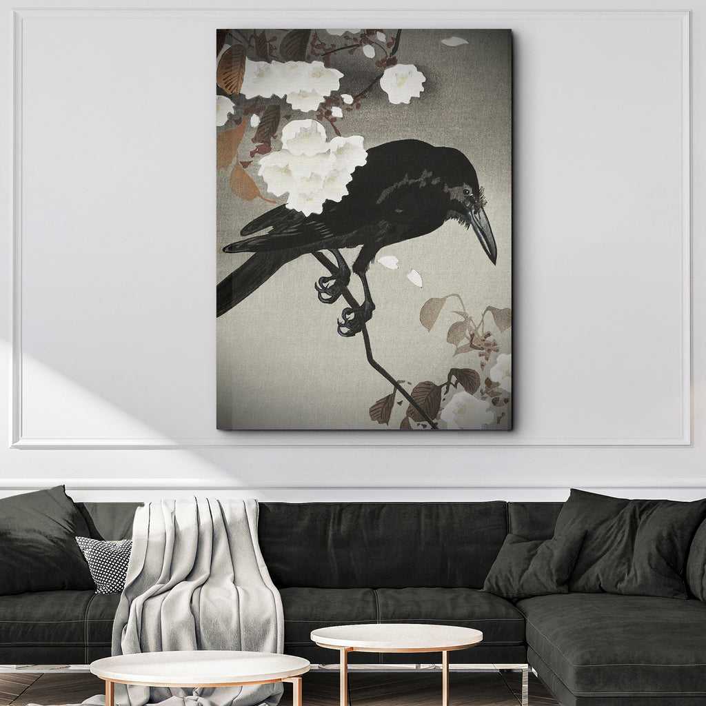 Crow on Cherry Blossom Tree Canvas Wall Art II - by Tailored Canvases