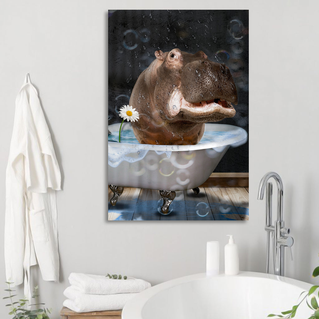 Bathtub Hippo Retro Portrait Canvas Wall Art - by Tailored Canvases