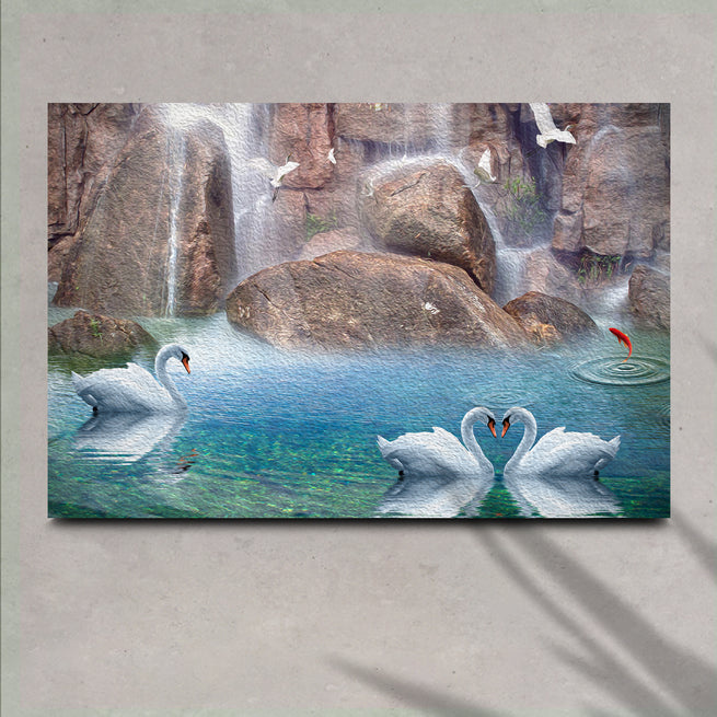 Swans by the Waterfall Canvas Wall Art - Wall Art Image by Tailored Canvases