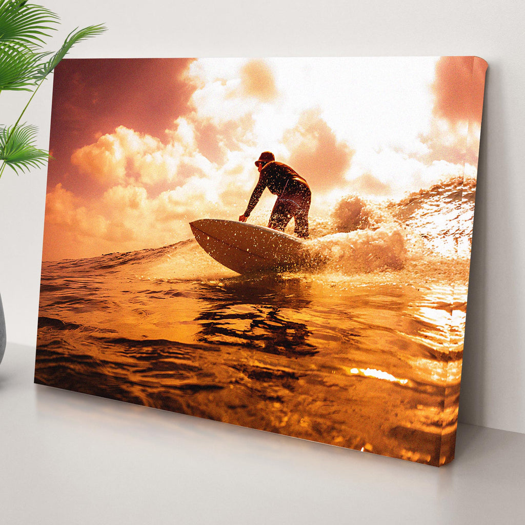 Surfing Surfboard Riding At Sunset Canvas Wall Art - Image by Tailored Canvases