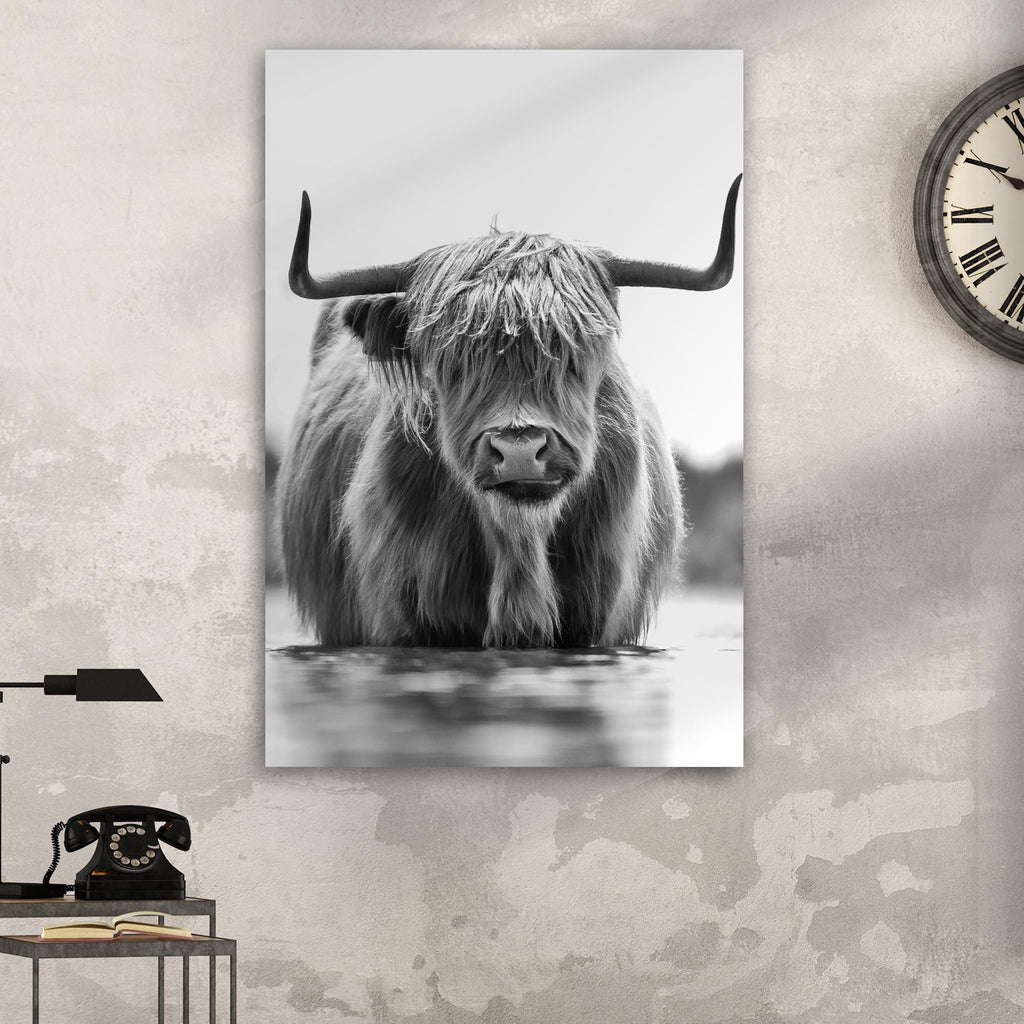 Grayscale Highland Cow Portrait Canvas Wall Art - by Tailored Canvases