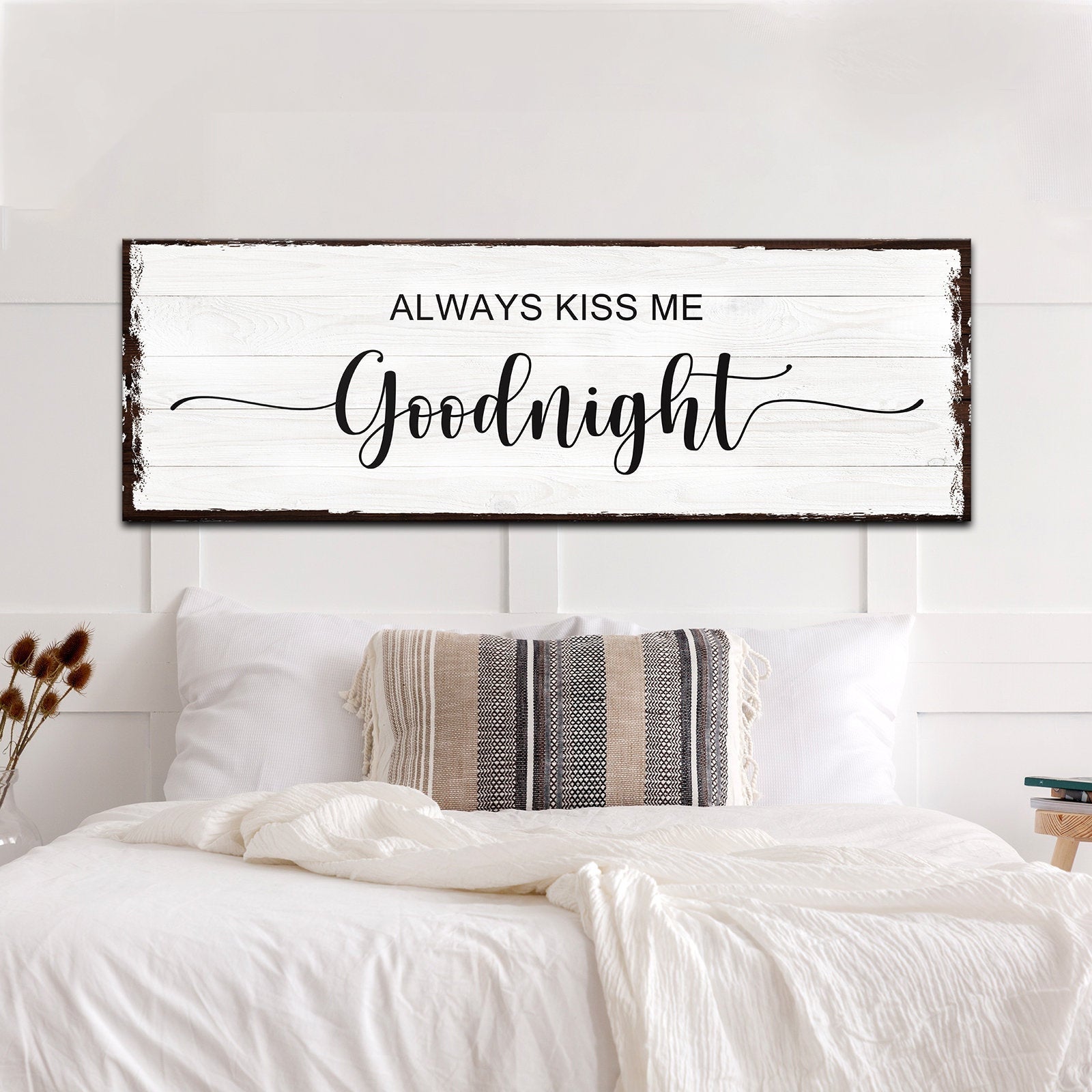 Image of Always Kiss Me Goodnight Sign Rustic Canvas Wall Art Sign Wedding Gift Home Décor Love Quote Above Bed Signs Bedroom Wall Decor L n N N wn S 18 