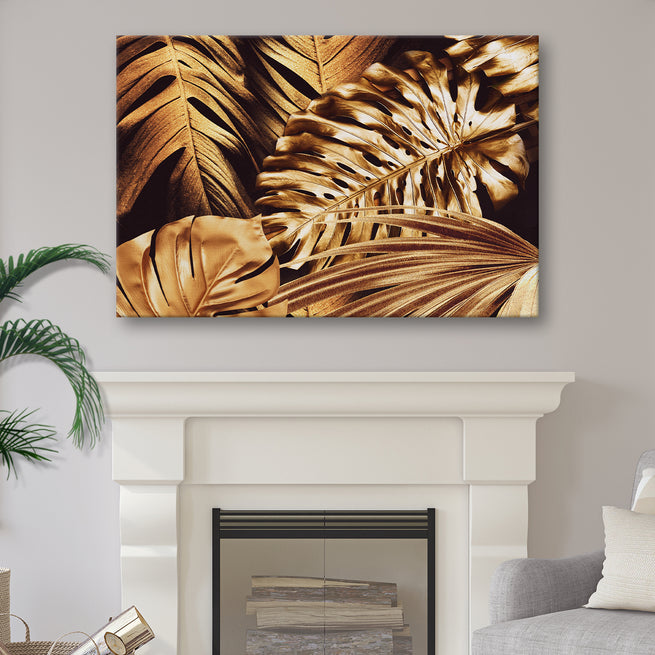 Tropical Gold Monstera Leaves Canvas Wall Art - Image by Tailored Canvases