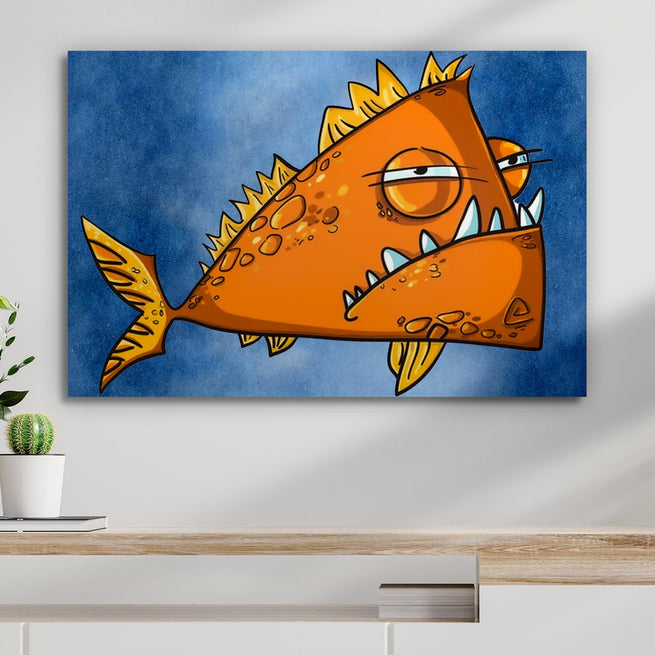 Giant Frowning Goldfish Cartoon Canvas Wall Art - Wall Art Image by Tailored Canvases