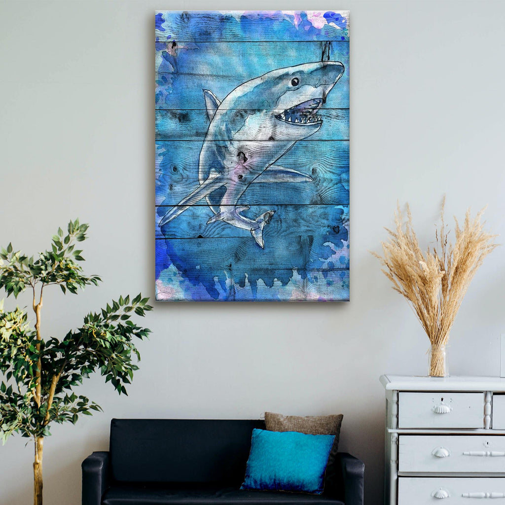 Great White Shark Watercolor Painting Canvas Wall Art - by Tailored Canvases