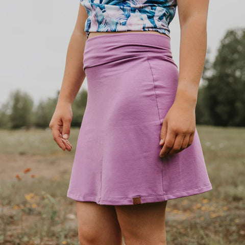 Jupe moyenne de couleur lilas en bambou pour femme avec bande ajustable à la taille