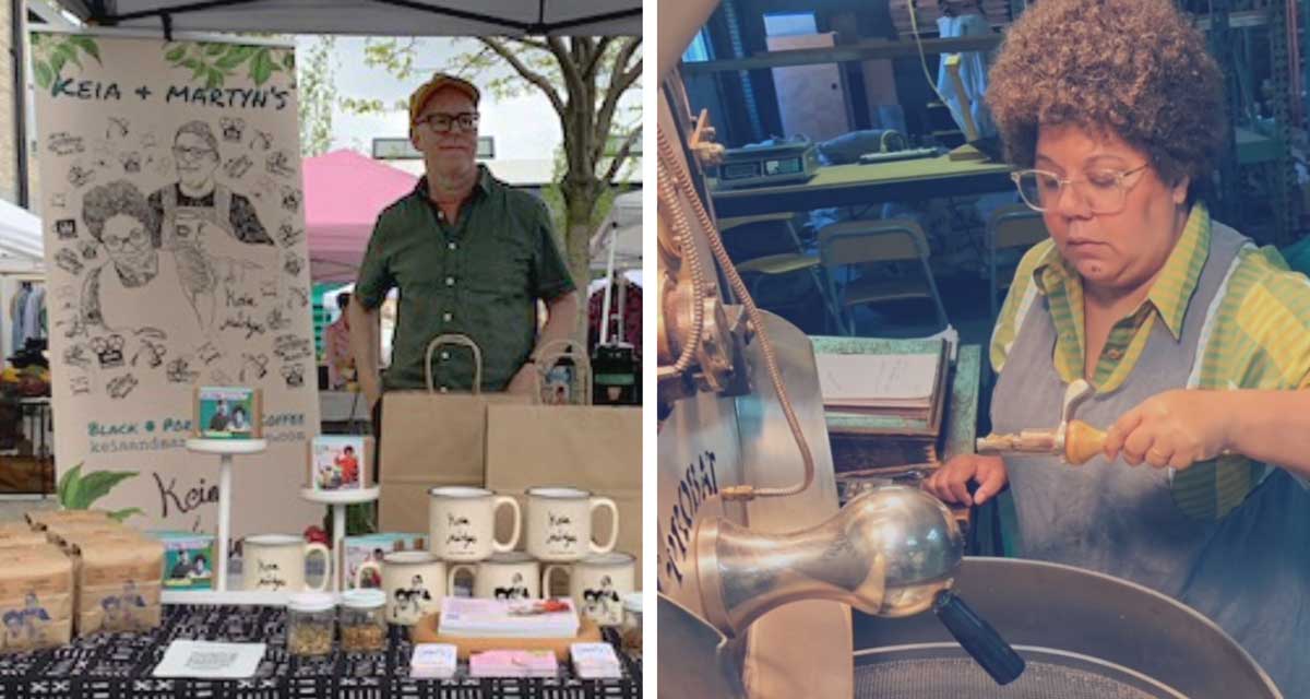 Keia and Martyn at pop up markets and roasting coffee in Portland, OR