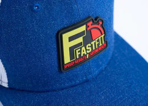 blue cap with embroidered patches