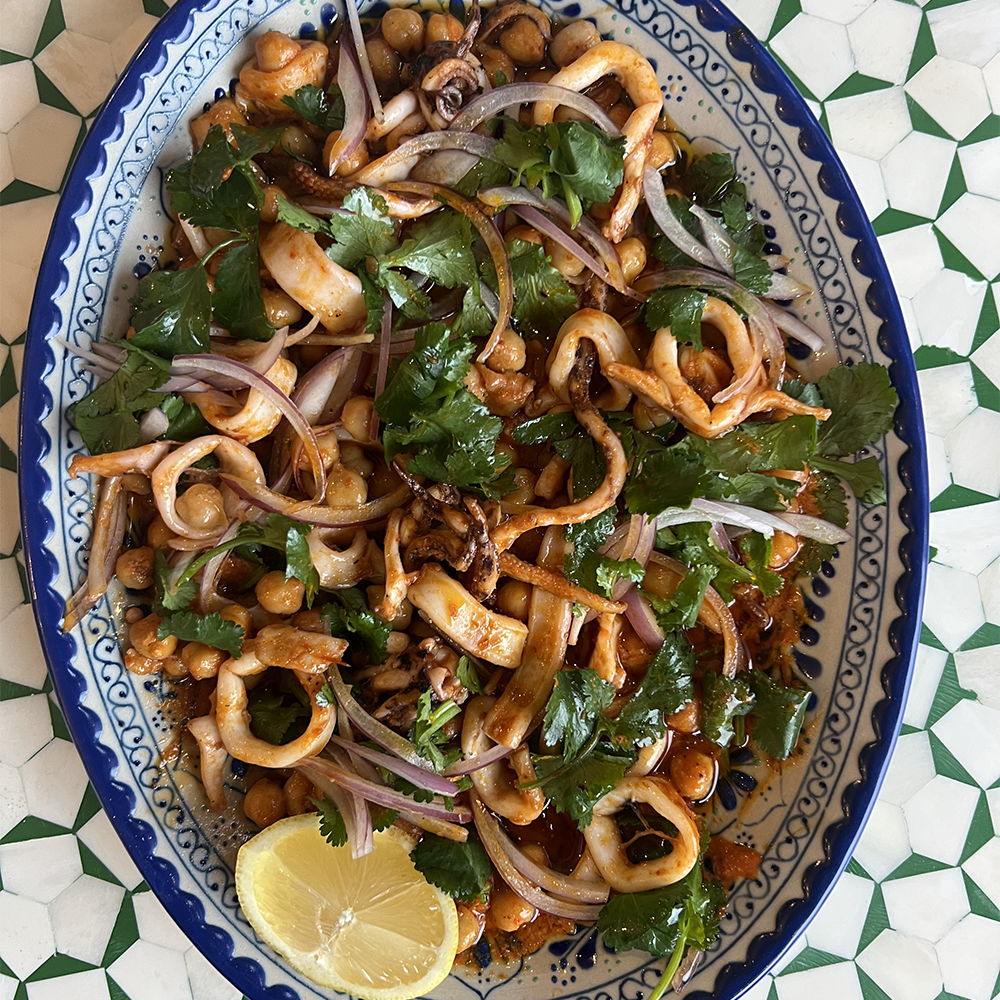 Pink Lake Salt and Pepperberry Squid with Harissa Chickpeas