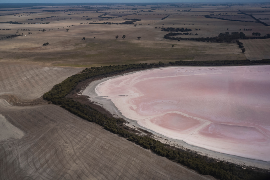 An aerial shot of the Pink Lakes in western Victoria. Credit: Linsey Rendell