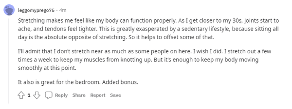 Reddit answer explaining how stretching helps with aging pains