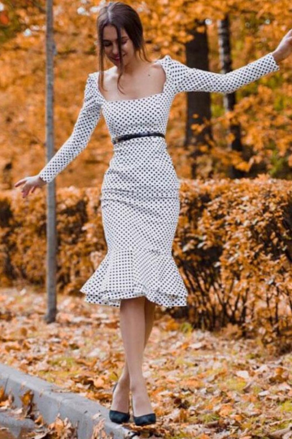 orange polka dot midi dress