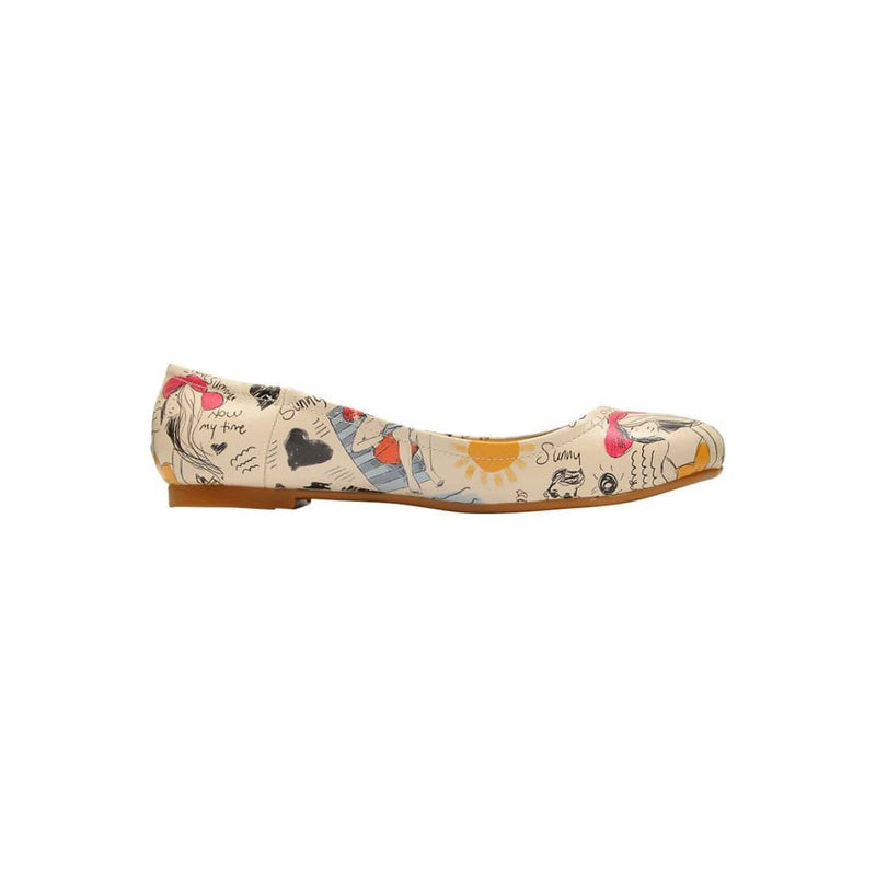 Ballerina model I Love Summer is a women's ballet flats shoes from DOGO. beige skin, sun printed,  beach themed, vegan and handmade shoes.