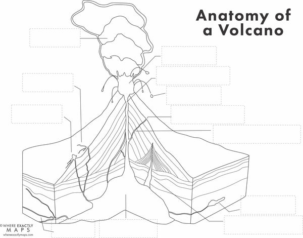 A page of a worksheet on volcanoes by where exactly maps showing a blank diagram of a strato volcano