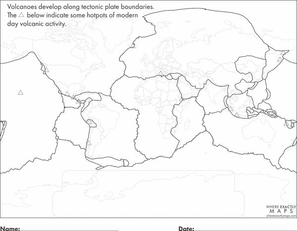 A colouring map worksheet featuring tectonic plates and modern day hotspots of volcanic activity